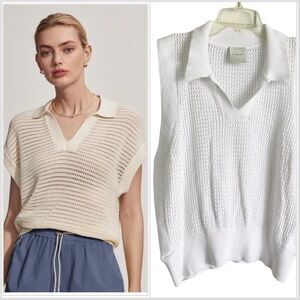 Varley Berrian V-Neck Mesh Knit Collared Sleeveless Top White Size L